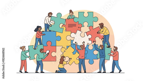 Diverse team working together to complete a jigsaw puzzle, representing collaboration, teamwork, and problem-solving in a business context, isolated on white background