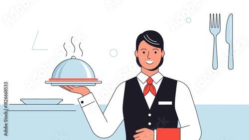 Professional waiter serving a hot dish in a restaurant, wearing a classic uniform and showing hospitality, representing fine dining and culinary service