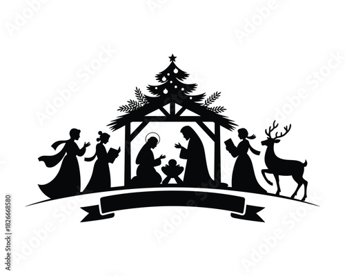 Silhouette nativity scene with three wise men and reindeer