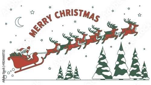 Santa Claus and his reindeer team fly through the starry night sky on Christmas Eve.