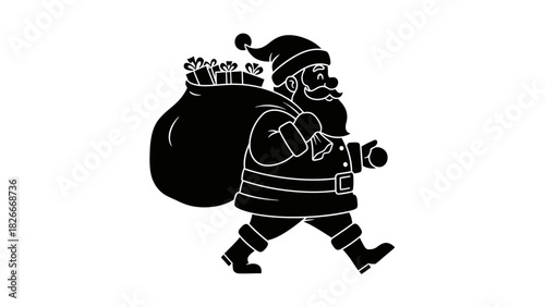 Silhouette of Santa Claus walking with a sack full of gifts on his back.