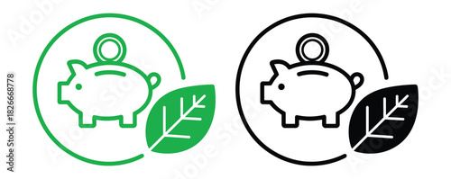 Invest in a greener future with sustainable savings featuring a piggy bank and leaf icons representing eco-friendly finances and responsible investments, a smart choice for ethical banking