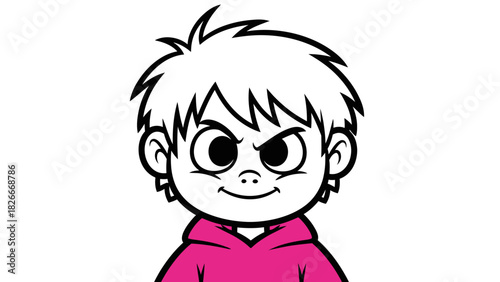 A cartoon illustration of a young boy with spiky hair wearing a pink hoodie.