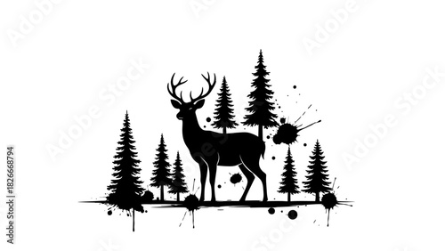 Black silhouette of a majestic deer with large antlers standing among tall pine trees, featuring grunge ink splatters on a clean white background, graphic design.
