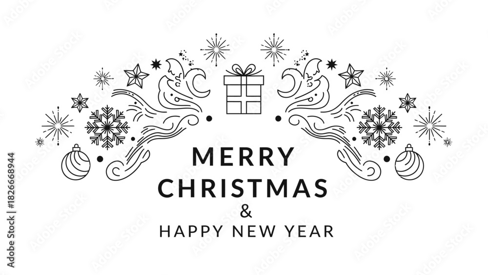 Obraz premium Elegant black and white line art illustration wishing Merry Christmas and Happy New Year, adorned with festive elements like snowflakes, stars, gift box, and ornaments.