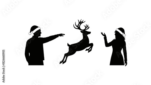 Silhouette of a man and woman wearing Santa hats with a leaping reindeer between them on a white background.