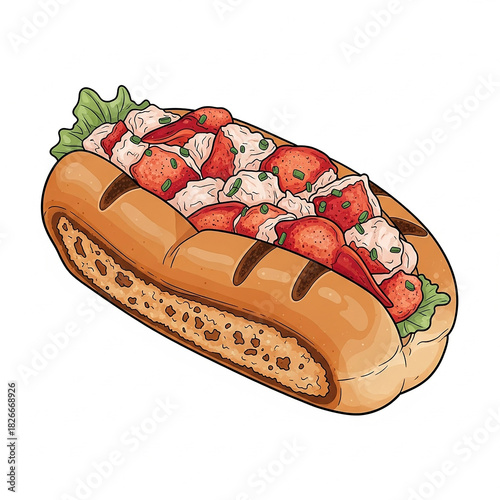 Deliciously illustrated lobster roll sandwich with fresh ingredients on white background