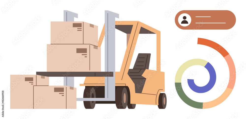 Naklejka premium Forklift lifting stacked cardboard boxes next to a user profile graphic and circular analytics chart. Ideal for logistics, warehouse management, supply chain, delivery, data visualization, business