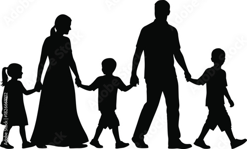 Family silhouette walking, parents and children vector, togetherness illustration, black and white design, unity clipart, casual pose graphic