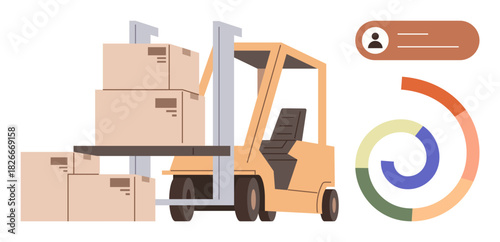 Forklift lifting stacked cardboard boxes next to a user profile graphic and circular analytics chart. Ideal for logistics, warehouse management, supply chain, delivery, data visualization, business