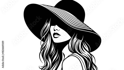 A striking black and white illustration of a woman wearing a wide-brimmed hat that casts a shadow over her face, with her wavy hair flowing.
