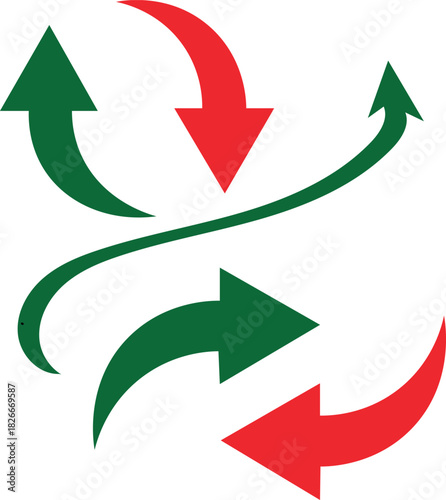 Dynamic red and green arrows indicating flow, exchange, direction
