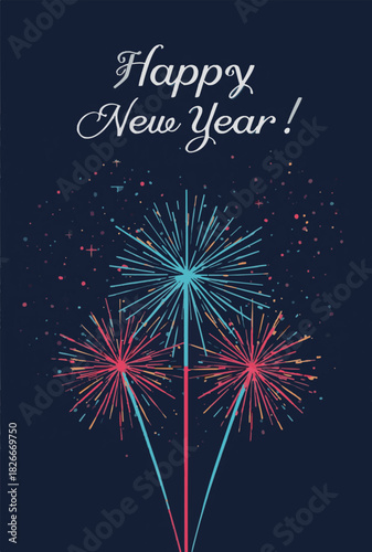 Vector illustration template of vibrant fireworks exploding in the night sky on a Happy New Year card with a modern flat design style featuring bold lines