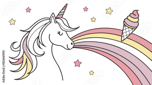 Unicorn exhaling a colorful rainbow with an ice cream cone and stars around it illustration