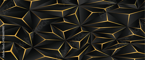 Luxury hexagonal abstract black metal background with golden light lines. Dark geometric texture illustration. Bright grid pattern. Pure black horizontal banner wallpaper. Carbon elegant wedding, vect