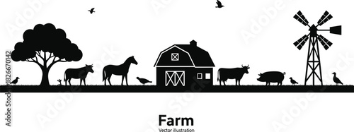 Farm landscape silhouette with barn animals and windmill, rural countryside illustration, agricultural scene artwork, livestock and nature graphic design