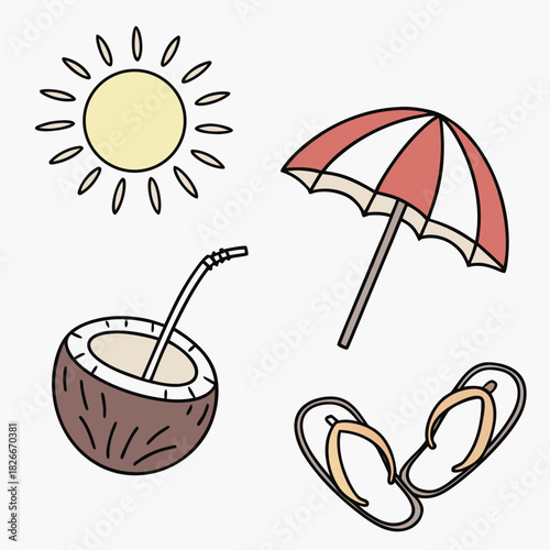 Summer Beach Icons Coconut Drink Umbrella and Flip Flops Keywords: summer, beach, vacation, holiday