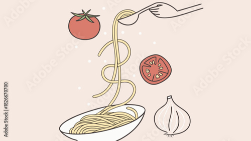 Hand holding spaghetti with a spoon above a bowl with tomatoes and garlic around it drawn style