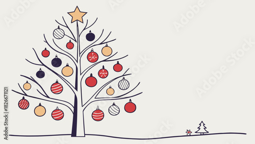 Hand drawn christmas tree with ornaments and star topper on a snowy ground with small trees