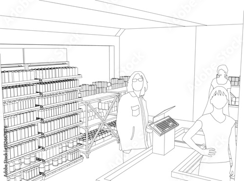 A woman stands at a pharmacy counter surrounded by shelves stocked with various items in a minimalist black and white line drawing.