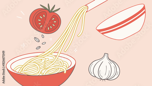 Illustration of spaghetti noodles being served into a bowl with tomato and garlic artwork style