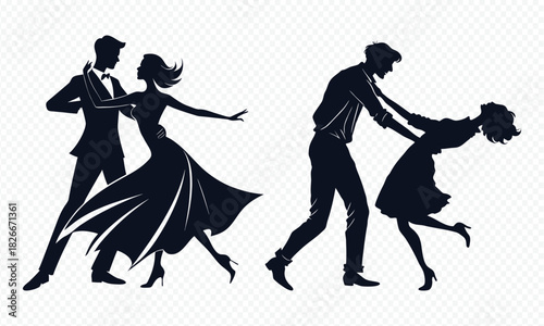a romantic depiction of two couples elegantly engaged in ballroom dancing captured as a striking silhouette high quality