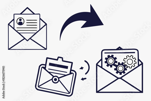 Email Communication Process Icons with Profile and Gears workflow envelope