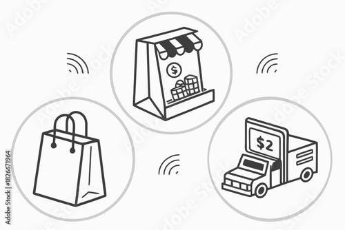 Shopping cart delivery and retail store icons with wireless signals vector illustration