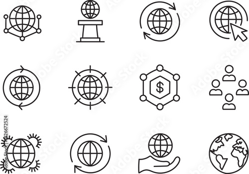 Global Network Line Icons Set for Worldwide Connectivity, International Business, Global Services