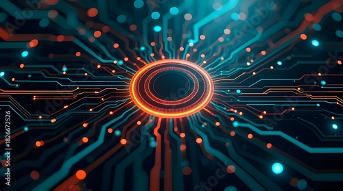 Futuristic digital core with glowing circuits and neon data lines forming a high-tech cyber network hub in a modern electronic sci-fi technology background
