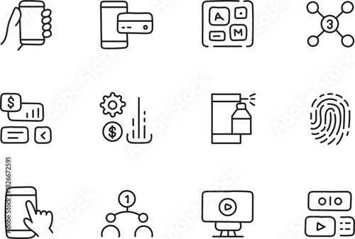 Mobile Technology Line Icons Set for Apps, Payments, Security, UI, Digital Connectivity