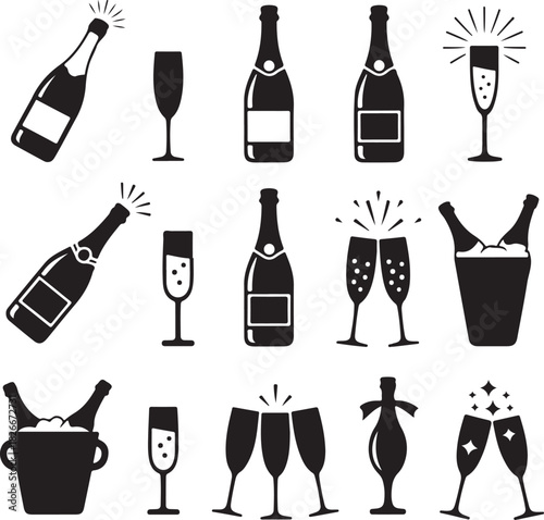 Celebration Collection Silhouette Icon Set Champagne Bottles and Glasses