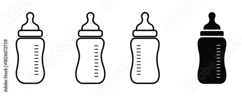 Baby bottles offering nourishment and care, symbol of infant feeding for new parents, essential icons for baby product designs, representing babyhood and early childcare
