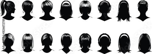 female hairstyle silhouette set, woman hair outline collection, beauty salon graphic, fashionable haircut shapes, stylist design elements, vector illustration pack