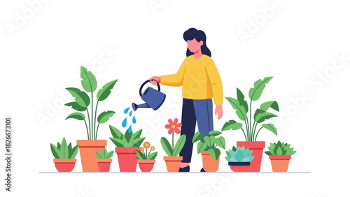 Woman watering plants in her garden, surrounded by potted flowers, greenery, and nature elements