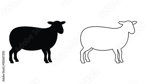 Charming sheep duo silhouette and outline, perfect for rustic-themed designs and farm-fresh branding, add a touch of pastoral elegance to your creative projects with these delightful animal icons