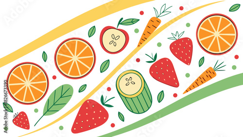 Colorful fruit and vegetable pattern with oranges, strawberries, carrots and apple slices design