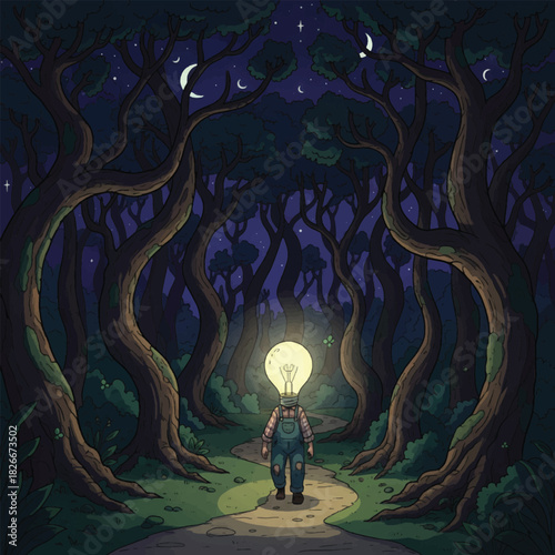 A person with a glowing lightbulb head walks along a winding path through a dark, enchanting forest at night, illuminating their way.