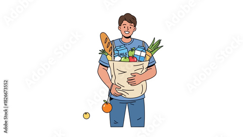 Happy man carrying a full grocery bag with fresh food and healthy products