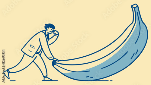 Illustration of a man in a suit struggling to pull a very large banana on a light yellow background