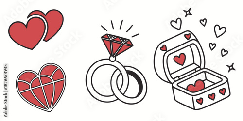 Red Hearts and Diamond Ring Engagement Wedding Icons with Ring Box love romance