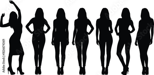 female silhouette poses collection, standing woman figure set, fashion body outline illustration, elegant posture design, stylish vector character pack