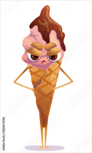 Angry colorful ice cream. Ice cream, cone, sweet, character, emotion, anger, aggression, discontent, cute, colorful