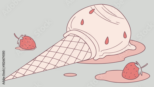 Strawberry ice cream cone melting with two strawberries on a light gray background illustration