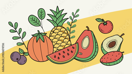 Illustration of various fruits including pineapple, watermelon, tomato, avocado and other fruits