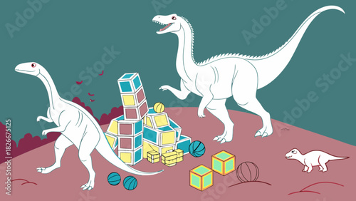 Two dinosaurs with long necks playing with blocks and balls in a prehistoric landscape scene drawing