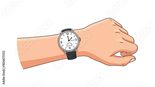 Detailed Vector Illustration of a Hand Wearing a Modern Wristwatch Showing Time Management and Daily Routine