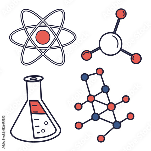 Four Science Icons Including Atom Model Flask and Molecules atomic molecular