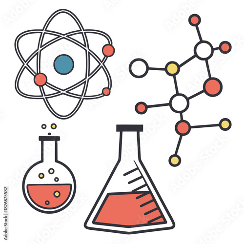 Science Icons with Atom Model Molecules and Two Flasks atomic molecular