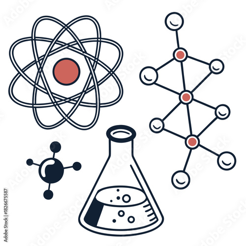 Science Icons Featuring Atom Model Molecules and Laboratory Flask atomic molecular